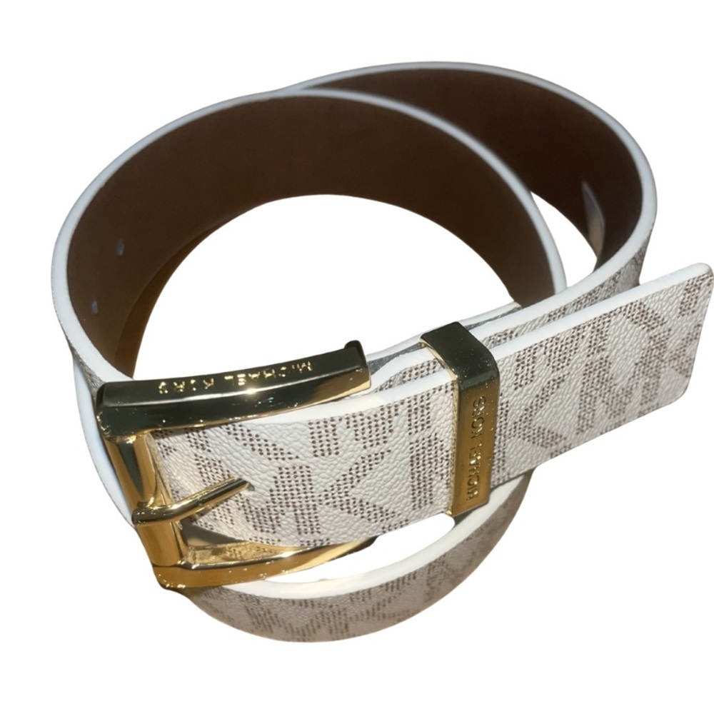 NWT Michael Kors Signature MK Logo Belt - Vanilla/Gold (S) - Picture 7 of 8